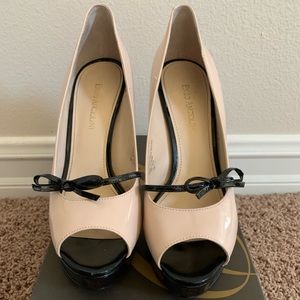 Enzo Angiolini Natural and Black Bow Patent Leather Platform Heel